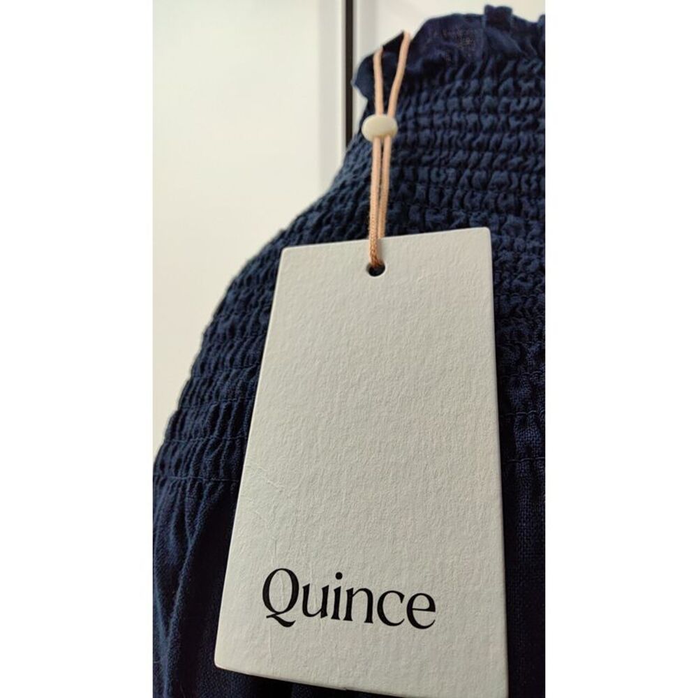 Quince 100% European Linen Smocked Midi Dress Deep Navy Basic Sleeved M - Picture 3 of 3